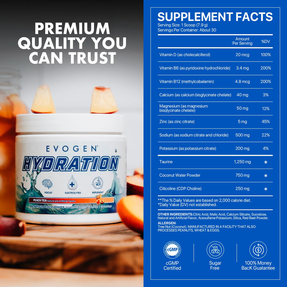 Evogen Hydration Sugar-Free Electrolytes | Lemon Lime | 30 Servings | Potassium, magnesium, sodium, calcium and coconut water with citicoline, taurine and B vitamins for energy and focus