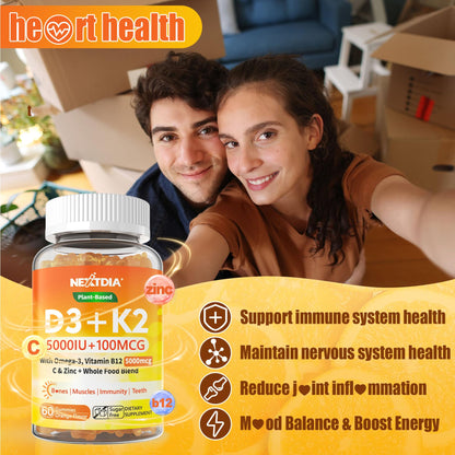 Vitamin D3 K2 Gummies 5000IU / 10,000 IU with Omega-3 250mg + K2(MK-7) 100mcg - 5X Absorption Than Standard D3K2,with Vitamin C, Zinc,and 5 Organic Vegetables,Supports Bone & Teeth Strength, Immune