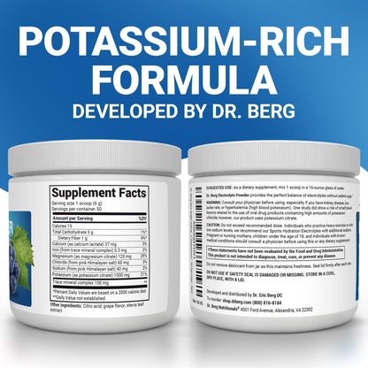 Dr. Berg Zero Sugar Hydration Keto Electrolyte Powder - Enhanced w/ 1000 mg of Potassium & Real Pink Himalayan Salt (NOT Table Salt) - Grape Flavor Hydration Drink Mix Supplement - 50 Servings