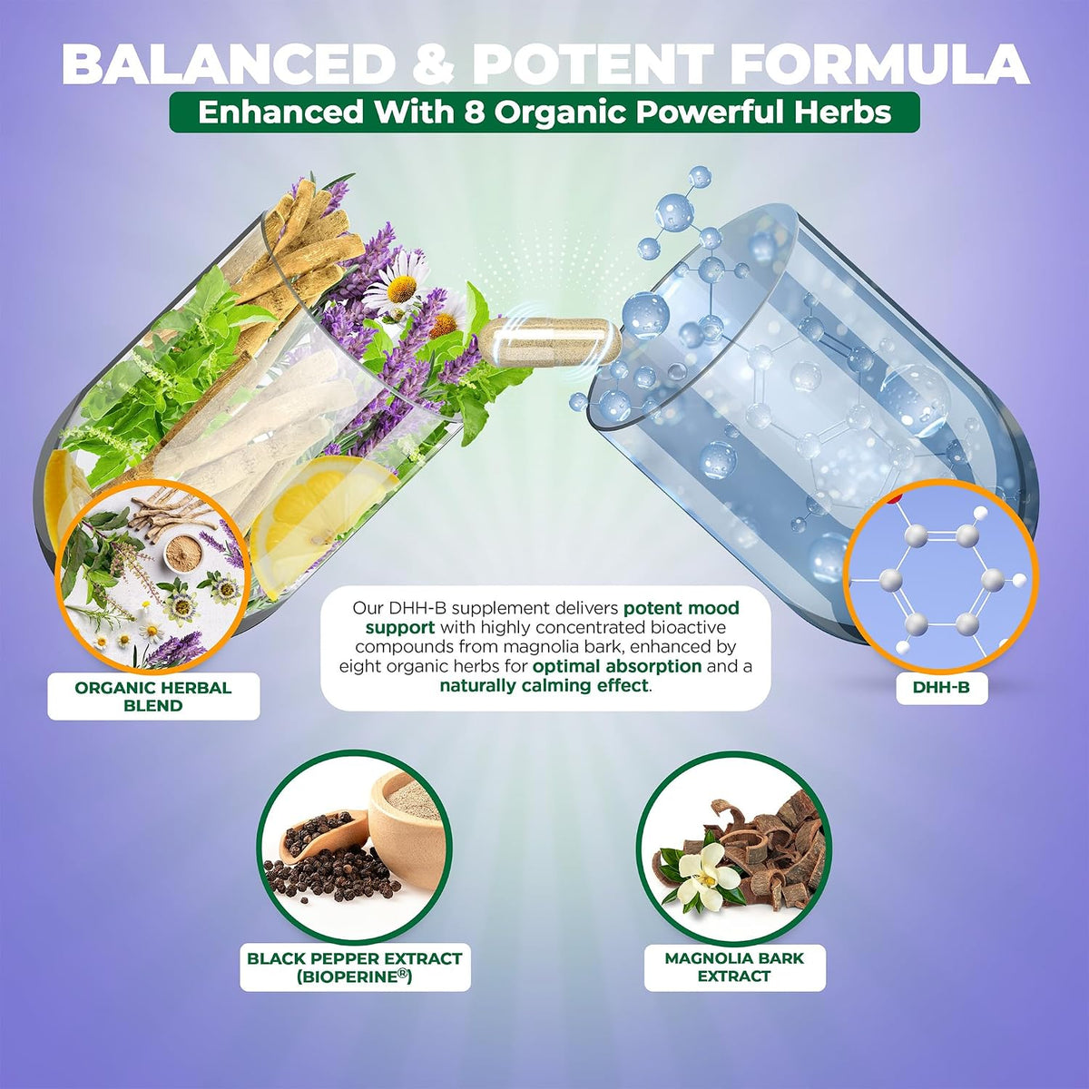 DHH-B Supplement - Bioactive Honokiol Magnolia bark Extract | for Cellular Health| Organic Ashwagandha & Herbs, High Strength 60 Vegan Capsules, 2 Month Supply, Non GMO