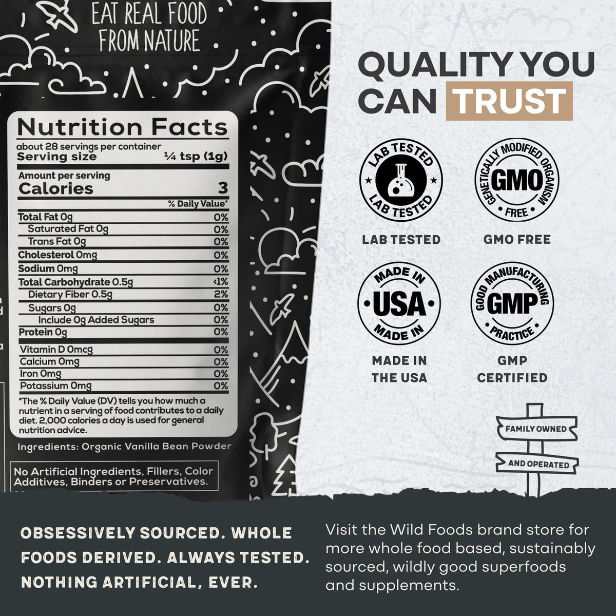Wild Foods Organic Vanilla Bean Powder - All Natural Pure Vanilla from Madagascar - For Baking Cooking Coffee Flavoring & Smoothies - Unsweetened Gluten Free Non GMO Superfood (1 ounce)
