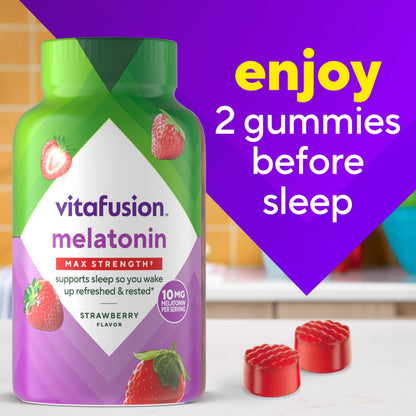 vitafusion Max Strength 10 mg Melatonin Gummies, Strawberry Flavored, Adult Melatonin Gummy Vitamin Supplement, 100 Count, 50 Day Supply