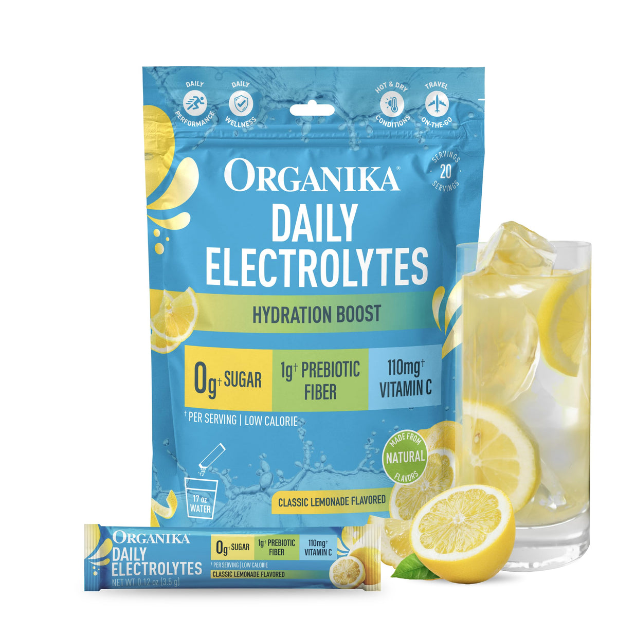 Organika Daily Electrolytes Powder Variety Pack with Vitamin C & Prebiotic Fiber – 21 Single-Serve Sachets (Lemonade, Raspberry, Pineapple Passion Fruit), Sugar-Free, Caffeine-Free
