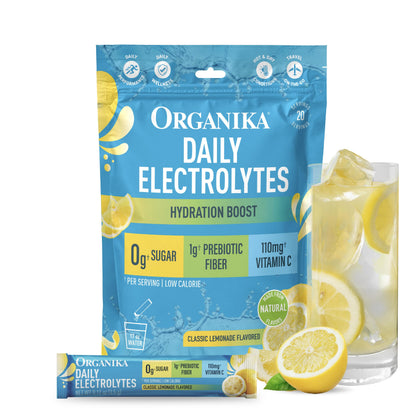 Organika Daily Electrolytes Powder Variety Pack with Vitamin C & Prebiotic Fiber – 21 Single-Serve Sachets (Lemonade, Raspberry, Pineapple Passion Fruit), Sugar-Free, Caffeine-Free