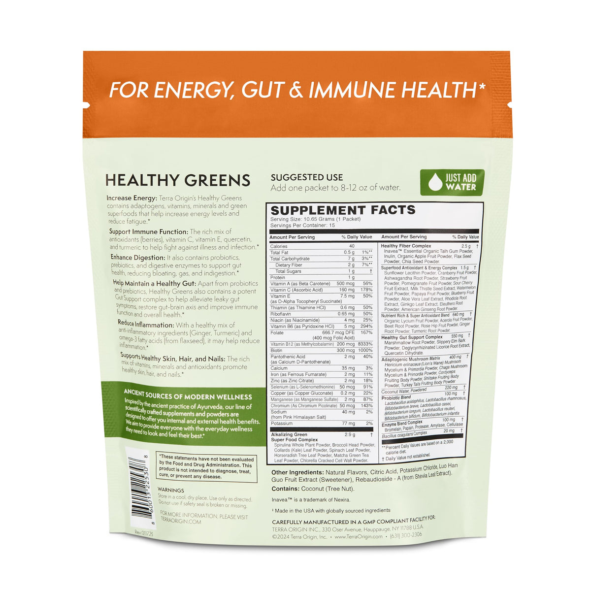 TERRA ORIGIN Greens Superfood Powder | Green Juice Powder with Probiotics & Enzymes | Plant Based Super Greens for Energy, Gut & Immune Support | Vegan, Non-GMO | 30 Servings Tropical Passionfruit
