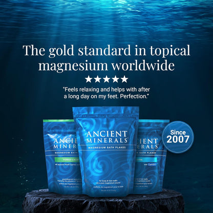Ancient Minerals Magnesium Bath Flakes, Epsom Salt Alternative, 8lb | Pure Zechstein magnesium chloride flakes for soaking & whole-body replenishment. 8 lb resealable bag.