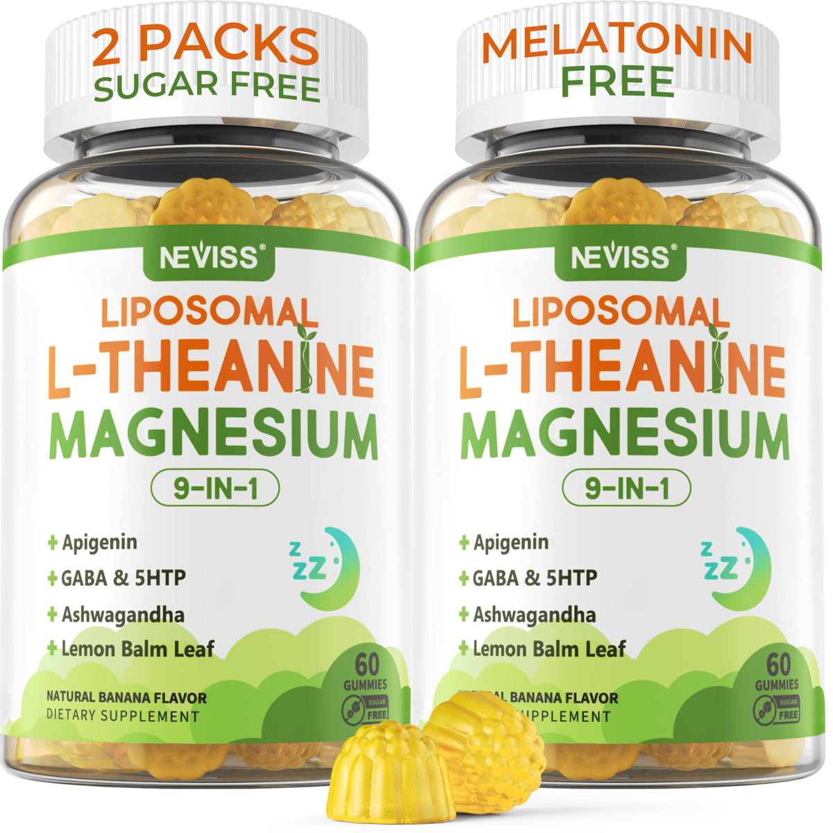Liposomal L-Theanine 200mg Magnesium Glycinate 400mg Gummies with GABA, 5HTP, Apigenin, Vitamin B6 & D3, Ashwagandha, Lemon Balm Leaf, Melatonin Free Sleep