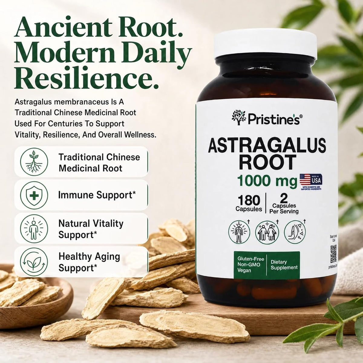 PRISTINE'S Astragalus Root 1000mg Capsules, Adaptogen, Vegan, 90 Day Supply | Lung health support from an herbal adaptogen used in Traditional Chinese medicine. 90 day supply, vegan, non-GMO, gluten-free