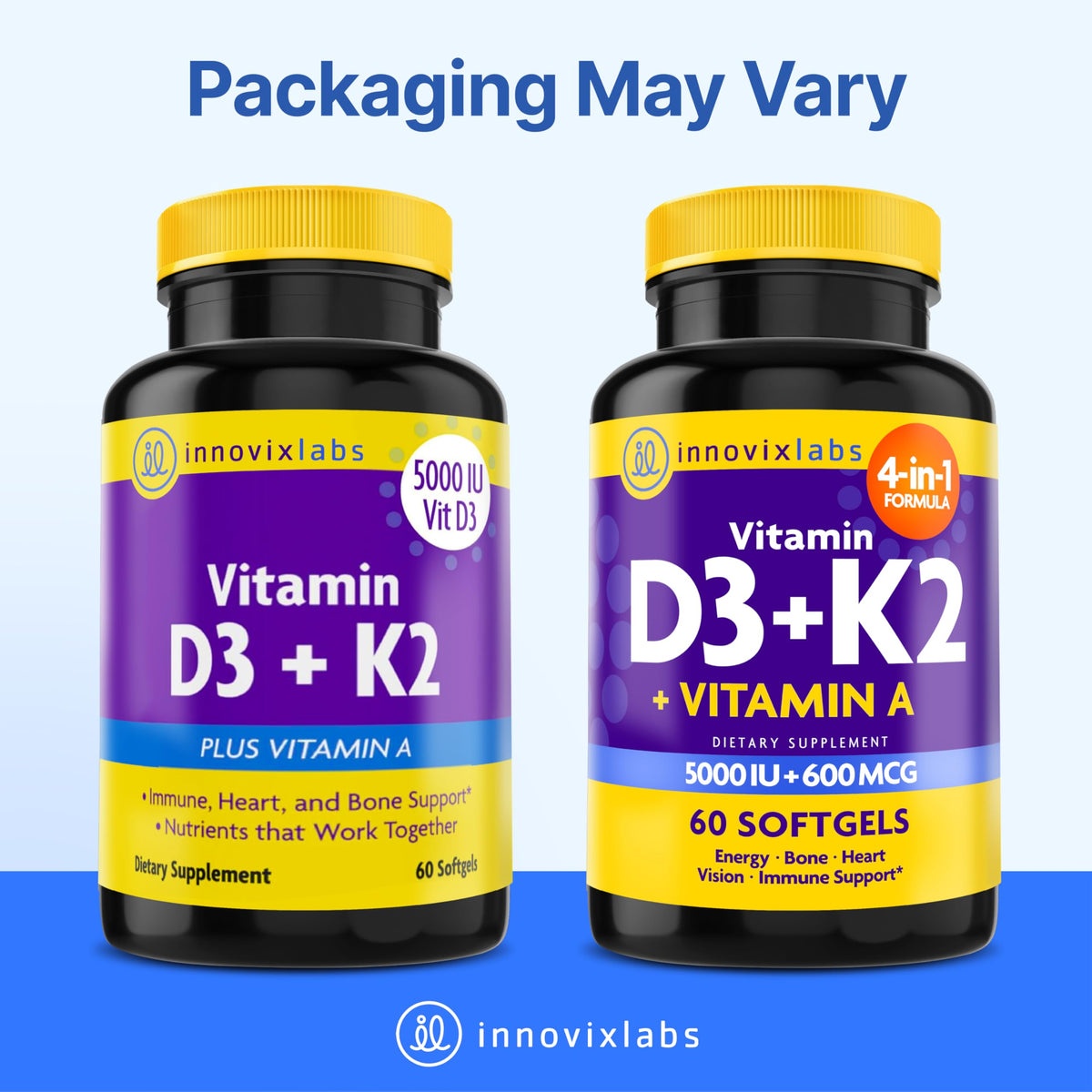 InnovixLabs Vitamin D3 K2-5000 IU Vitamin D3 Plus 600 mcg Vitamin K2 MK4 and MK7 for Max Calcium Absorption, Supports Bone, Immune, Heart Health, 3rd Party Tested, Gluten Free, 60 Softgels