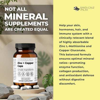 Santa Cruz Paleo, Zinc & Copper Mineral Supplement, High Absorption Formula, Zinc Supplement for Skin & Hair, L Methionine, Copper Gluconate, Trace Minerals, Gluten Free, Keto, Paleo, 60 Capsules