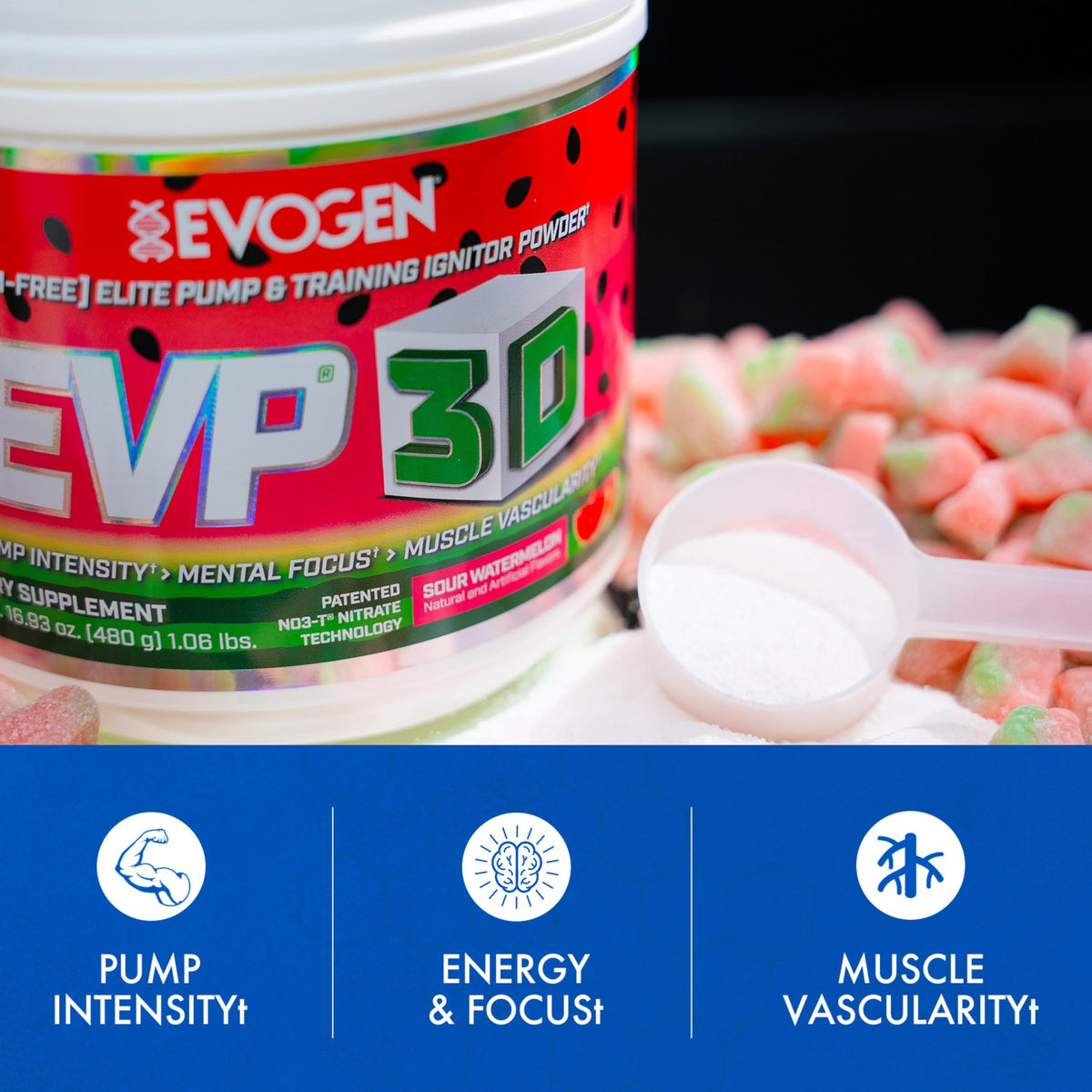 Evogen EVP 3D Stim Free Pre-Workout | Citrus Candy | 40 Servings | Arginine nitrate, L-citrulline, beta-alanine and creatine with lion's mane, L-tyrosine and DMAE for pumps and focus