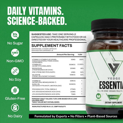 VEDGE Vegan Omega 3 Supplement, Vegan Multivitamin, Women and Men, 30 Day | Omega 3, Plant Based Algal EPA And DHA With Vitamin D3, B12, K2, Magnesium, Zinc, Selenium, Vitamin Supplements, Daily Supply