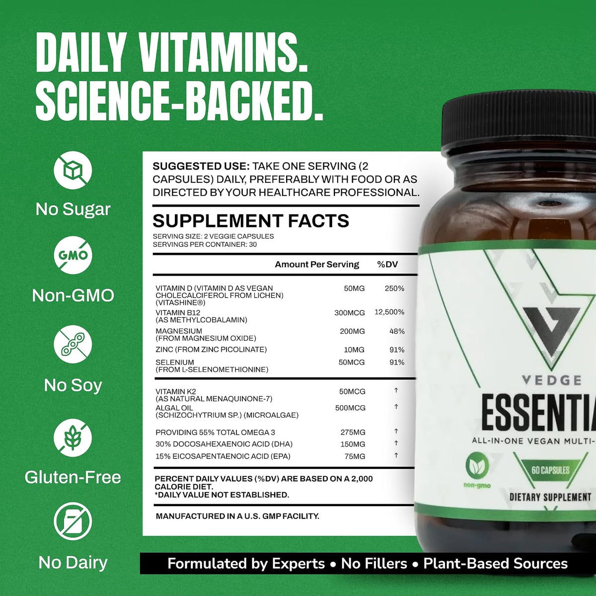 VEDGE Vanilla Protein Powder, Creatine Monohydrate, and Vegan Omega 3, Complete Vegan Performance Stack for Muscle Strength, Endurance & Recovery, Superfood Vitamin A, Vitamin C, and Amino Acids