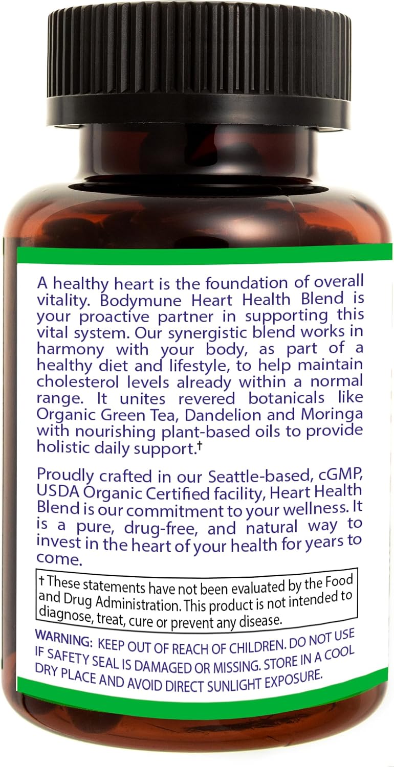 Bodymune Heart Health Blend Cholesterol Support – Organic Cardiovascular & Circulation Supplement – with Green Tea, Pomegranate & Black Seed Oil – 30Capsules – USDA Organic, Vegan (30 Count)