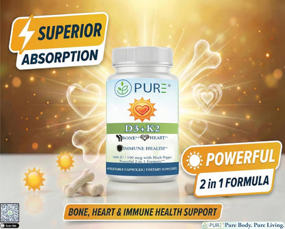 PURE® Vitamin D3 + K2 (MK-7) Supplement - 5000 IU (125mcg) D3 & 100mcg K2-60 Vegetable Capsules - with BioPerine® for Maximum Absorption - Immune, Bone & Heart Health Formula - Made in USA