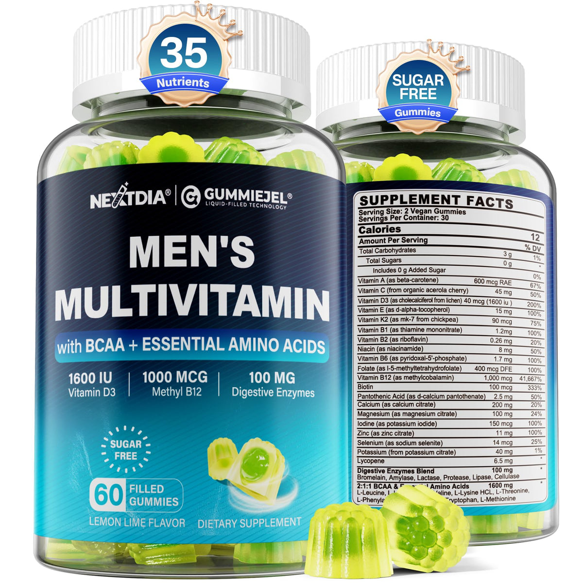 Methylated Multivitamin for Men Gummies, BCAA Amino Acids, Zinc, Daily Vitamin A C D3 E K2 B Complex, Calcium, Magnesium, Lycopene, Digestive Enzymes - Energy, Immune, Muscle- Sugar Free, Vegan, 60Cts