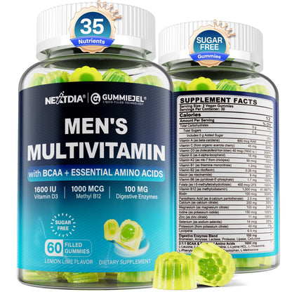 Methylated Multivitamin for Men Gummies, BCAA Amino Acids, Zinc, Daily Vitamin A C D3 E K2 B Complex, Calcium, Magnesium, Lycopene, Digestive Enzymes - Energy, Immune, Muscle- Sugar Free, Vegan, 60Cts