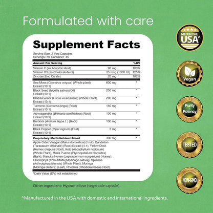Sea Moss, Black Seed Oil, Bladderwrack, Turmeric, Ashwagandha, Burdock, Vitamin C, D3, Yellow Dock Root, Manuka, Dandelion - 90 Veggie caps