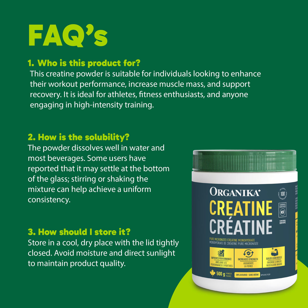 Organika Creatine Powder- 100% Pure Micronized Creatine Monohydrate - Helps Build Lean Muscle, Increase Strength, and Improved Recovery and Performance for Men and Women - 500g, 100 Servings