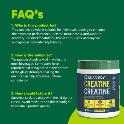 Organika Creatine Powder- 100% Pure Micronized Creatine Monohydrate - Helps Build Lean Muscle, Increase Strength, and Improved Recovery and Performance for Men and Women - 500g, 100 Servings