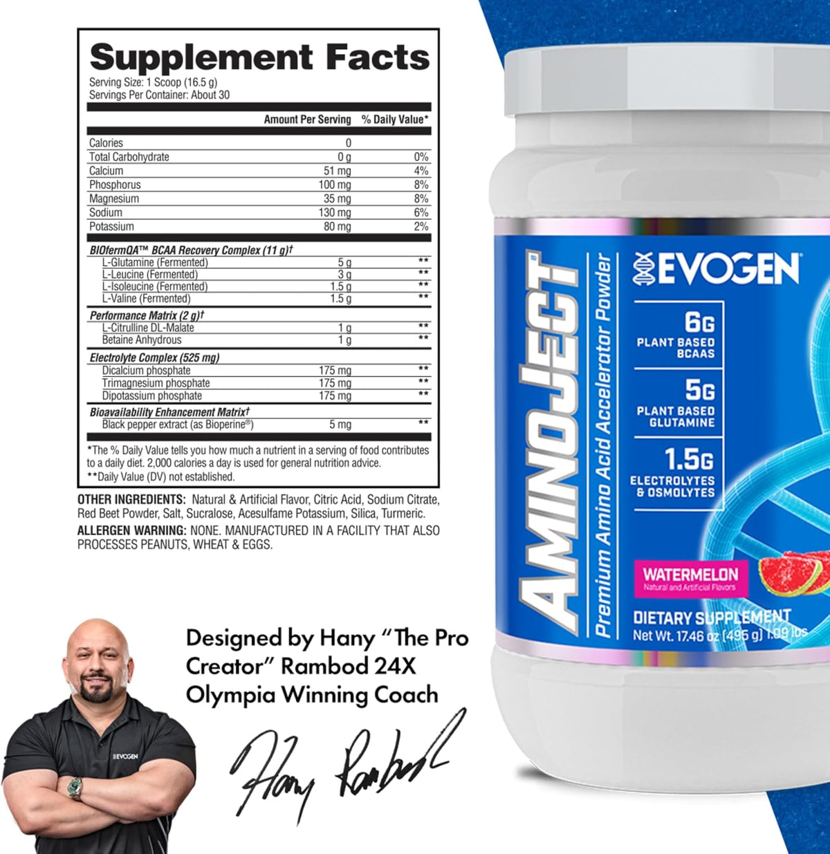 Evogen AminoJect Recovery Formula | Watermelon | 30 Servings | 6g fermented plant-based BCAAs, 5g glutamine, electrolytes, betaine and L-citrulline for hydration and endurance