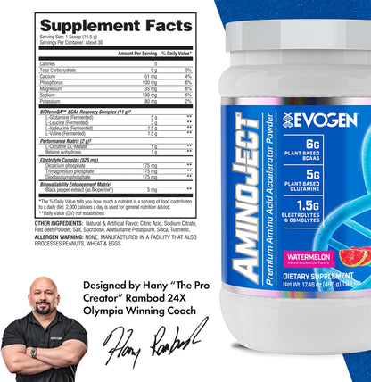 Evogen AminoJect Recovery Formula | Watermelon | 30 Servings | 6g fermented plant-based BCAAs, 5g glutamine, electrolytes, betaine and L-citrulline for hydration and endurance