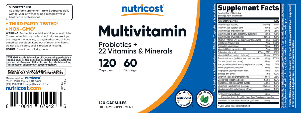 Nutricost Multivitamin with Probiotics 120 Vegetarian Capsules - Packed with Vitamins & Minerals
