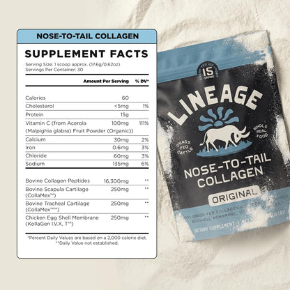 Lineage Provisions Grass Fed Collagen Powder, 30 Servings | Unflavored hydrolyzed bovine collagen peptides with trachea, scapula, eggshell membrane & vitamin C.