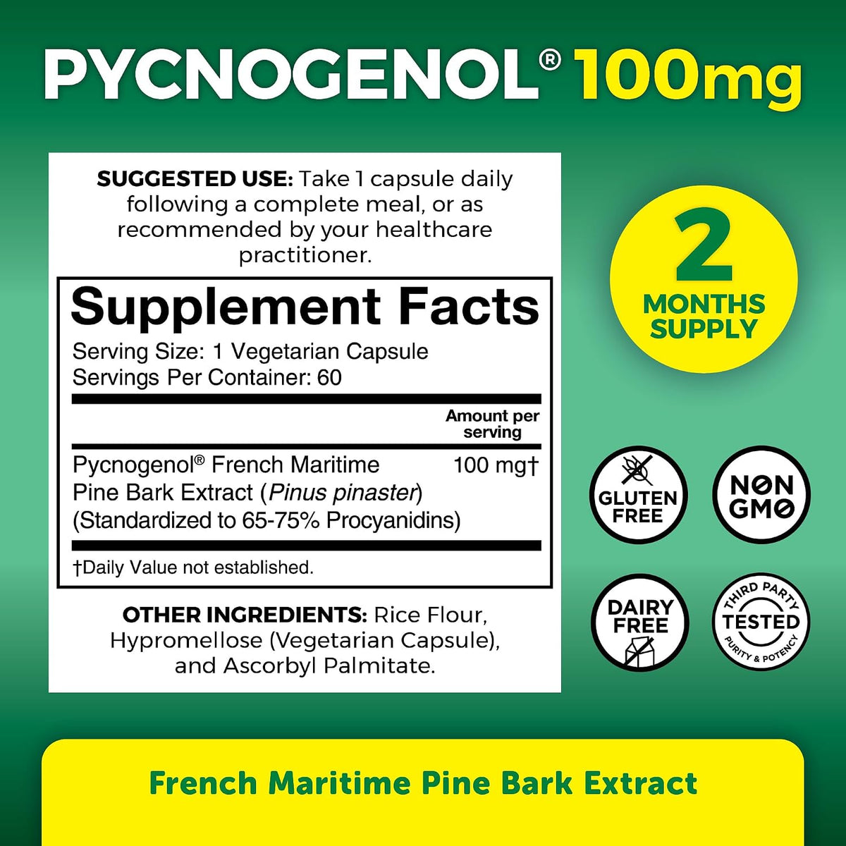 Viva Naturals Pycnogenol - 100mg French Maritime Pine Bark Extract – Supports Circulation, Antioxidant-Like Activity, Joints & Immune Health and Function – 60 Veggie Capsules