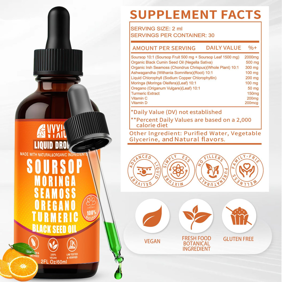 Soursop Bitters Liquid Drops 10 in 1 with Sea Moss, Moringa, Turmeric, Black Seed Oil, Oregano, Ashwagandha | Herbal Extracts for Overall Health-Enhancing |Vegan, Non-GMO| 2 Fl Oz(Mixed Berry Flavor)
