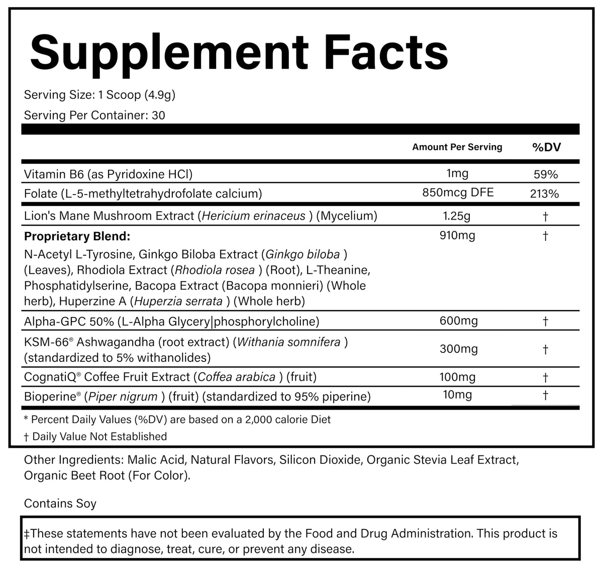 PURE® Healthy Brain Nootropic Powder - 30 Servings - 1.25g Lion’s Mane, 600mg Alpha-GPC & KSM-66® Ashwagandha - Cognitive Support for Memory, Focus & Stress Relief - 144 Grams, Mango Flavor!