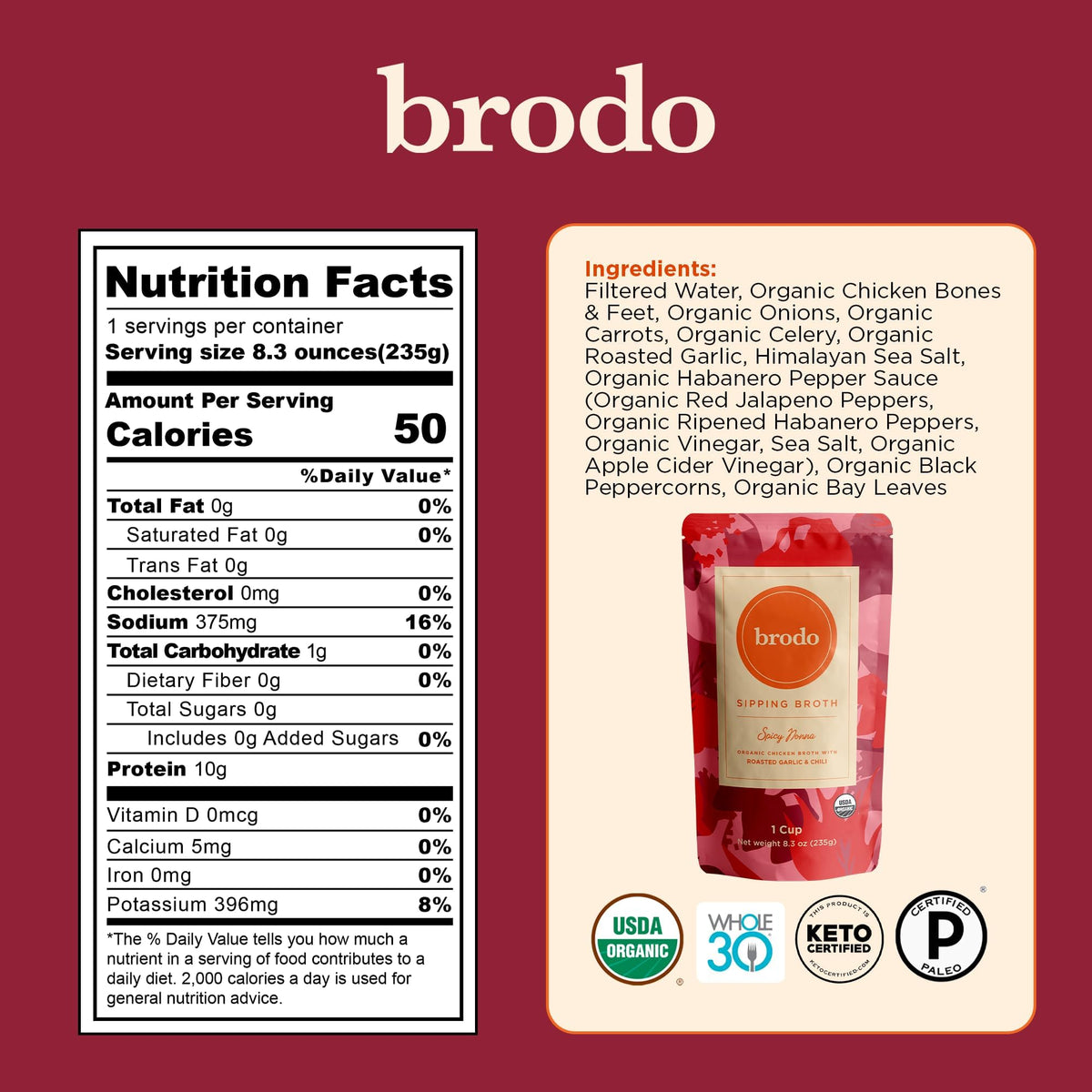 Brodo Ready to Drink Organic Chicken Collagen Rich Bone Broth (6 X 8 oz) | Organic Bone Broth with Collagen, Protein Soup & Sipping Broth for Healthy Meal Prep, Soups and Bone Broth Packets