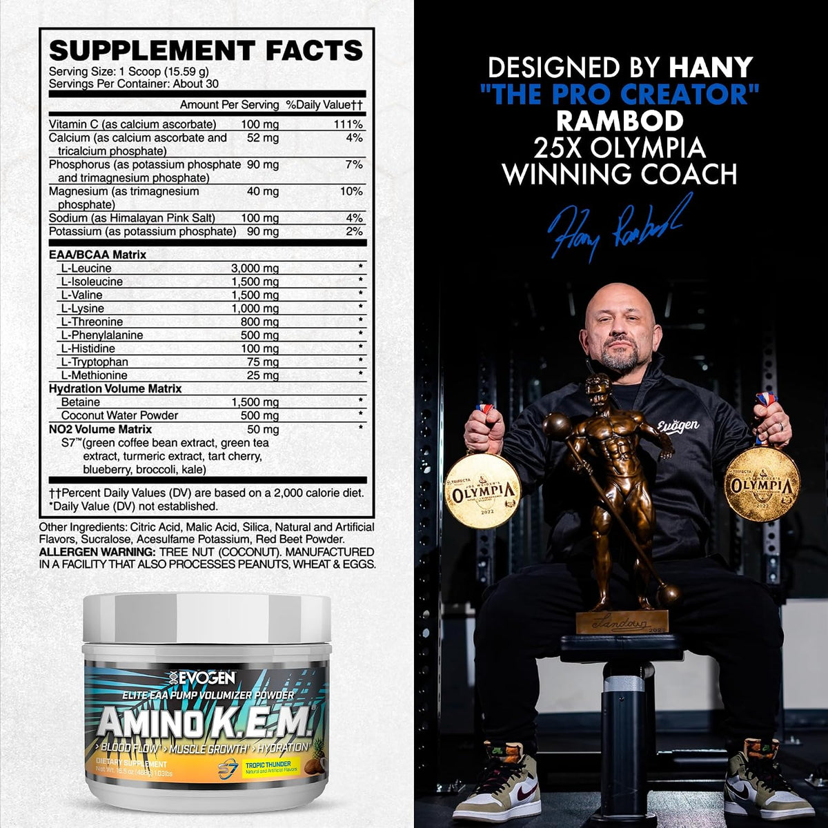 Evogen Amino K.E.M. EAA & BCAA | Tropic Thunder | 30 Servings | S7 nitric oxide blend with betaine anhydrous, coconut water and leucine for blood flow, muscle growth, hydration and recovery