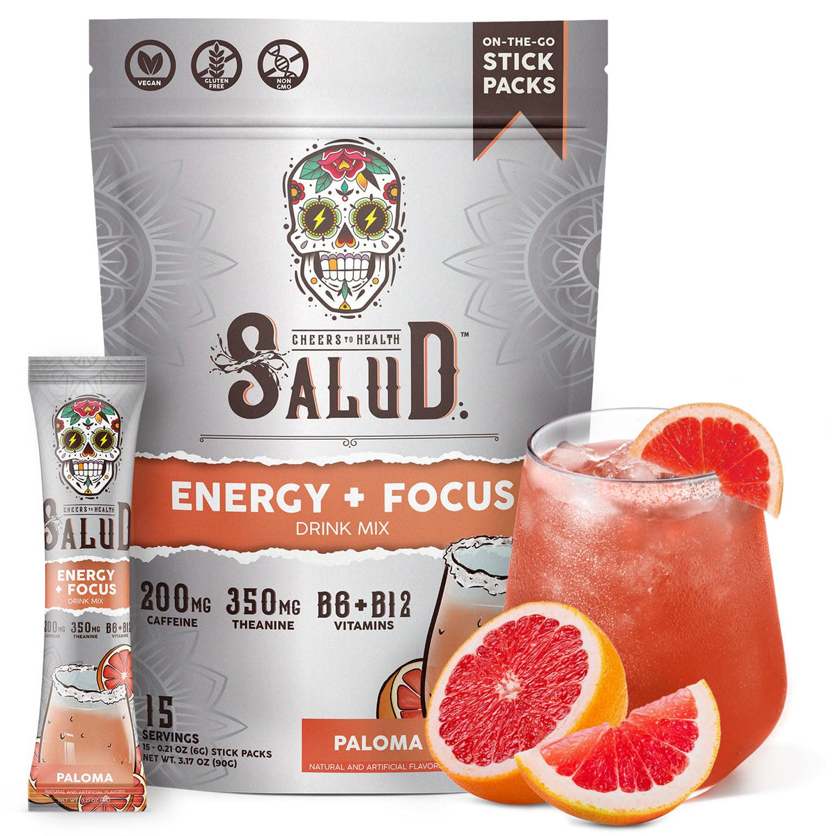 Salud 2-in-1 Energy + Focus Drink Mix, Hibiscus | Organic Caffeine, B6 + B12, Theanine, Clean Energy Packets, Agua Fresca Mix, Non-GMO, Gluten Free, 1g of Sugar (15 Servings)