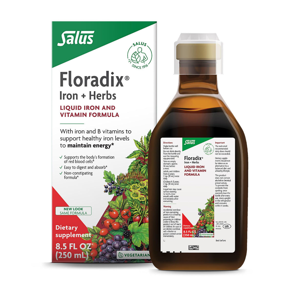 Floradix Iron & Herbs - Liquid Herbal Supplement for Energy Support - Iron Supplement with Vitamin C & Vitamin B Complex - for Men & Women - 8.5 fl oz
