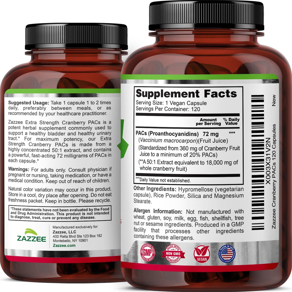 Zazzee Cranberry PACs 72 mg per Capsule, 50:1 Extract, 120 Vegan Capsules, 2X Strength, 4 Month Supply, Fast-Acting, Effective Urinary Tract & Bladder Support, 100% Soluble PACs, Made in the USA