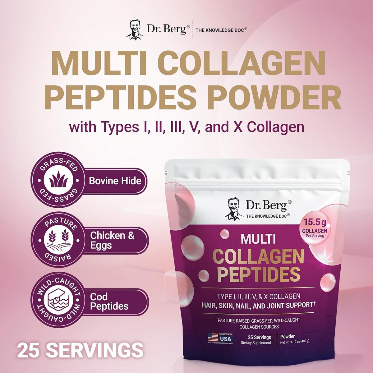 Dr. Berg Multi Collagen Peptides Powder Types I, II, III, V, X - Unflavored Collagen Powder w/ 14 g of Protein - Grass-Fed, Pasture-Raised & Wild-Caught Collagen Sources - 25 Servings