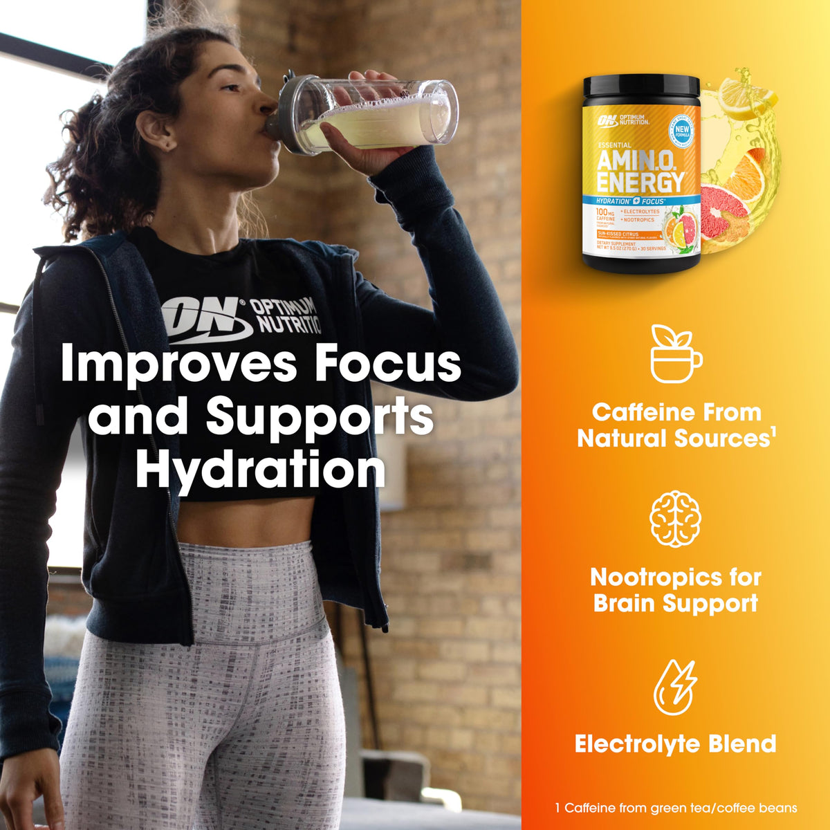 Optimum Nutrition, Amino Energy Powder Plus Focus, with Bcaa, Electrolytes, and Caffeine, Watermelon, 30 Servings | Contains BCAAs, Electrolytes, 100 mg Caffeine, 5g Amino Acids, Zero Sugar, Supports Hydration, Banned Substance Tested