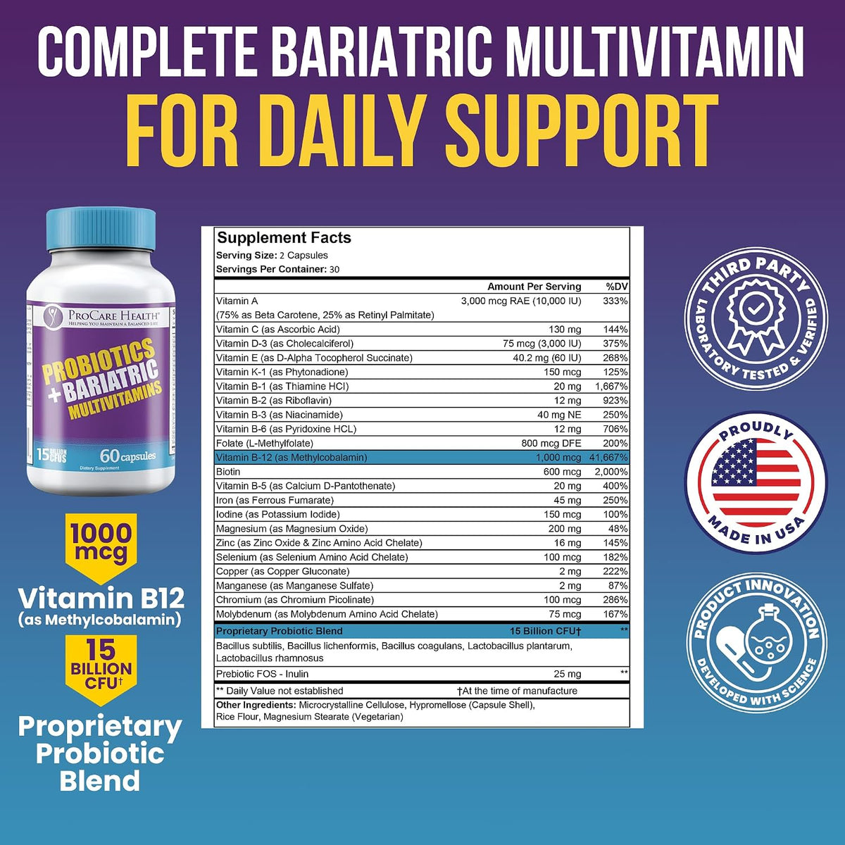 Core-45 + Probiotics Bariatric Multivitamin | Capsule | 60 Ct | 15 Billion CFU Bariatric Probiotic Fast Dissolving Veggie Capsules to Support Gut and Immune Health for Bariatric Patients