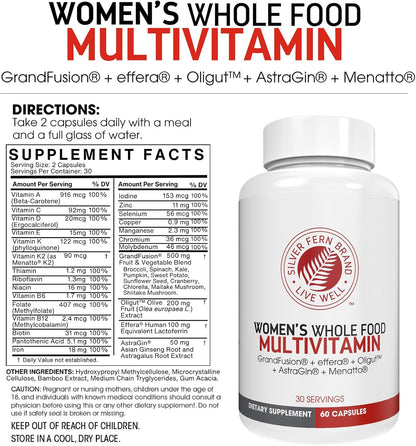 Silver Fern Women’s Whole Food Multivitamin 60 Capsules, 30 Servings | Daily Vitamin & Mineral Supplement with GrandFusion®, Oligut™, Effera®, AstraGin® & Menatto® K2