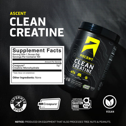 Ascent Clean Creatine Monohydrate Powder - 5G Per Serving, Creapure Creatine Supplement - Unflavored, 100 Servings