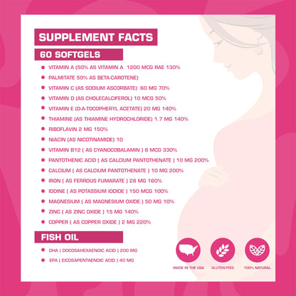 Pregnaforte Prenatal Multivitamin 60 days: Folic acid, Omega-3 DHA/EPA, Vitamins A, B6, B12, C, D3, E