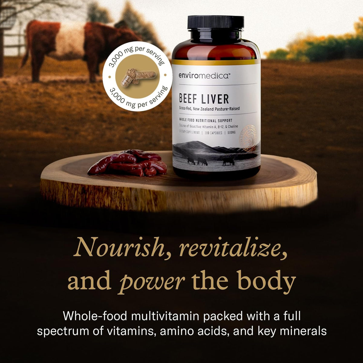 Enviromedica Grass Fed Beef Liver Capsules, Freeze-Dried, 180 Count | Pasture-raised New Zealand bovine liver, preformed vitamin A. Whole-food organ supplement for men & women. 180 capsules.