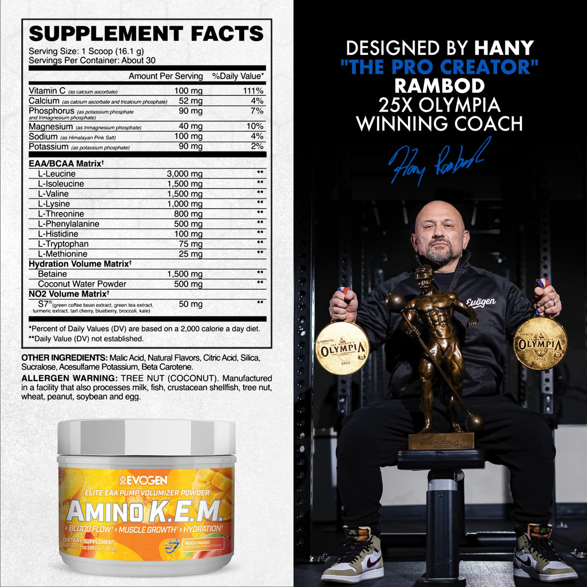 Evogen Amino K.E.M. EAA & BCAA | Tropic Thunder | 30 Servings | S7 nitric oxide blend with betaine anhydrous, coconut water and leucine for blood flow, muscle growth, hydration and recovery