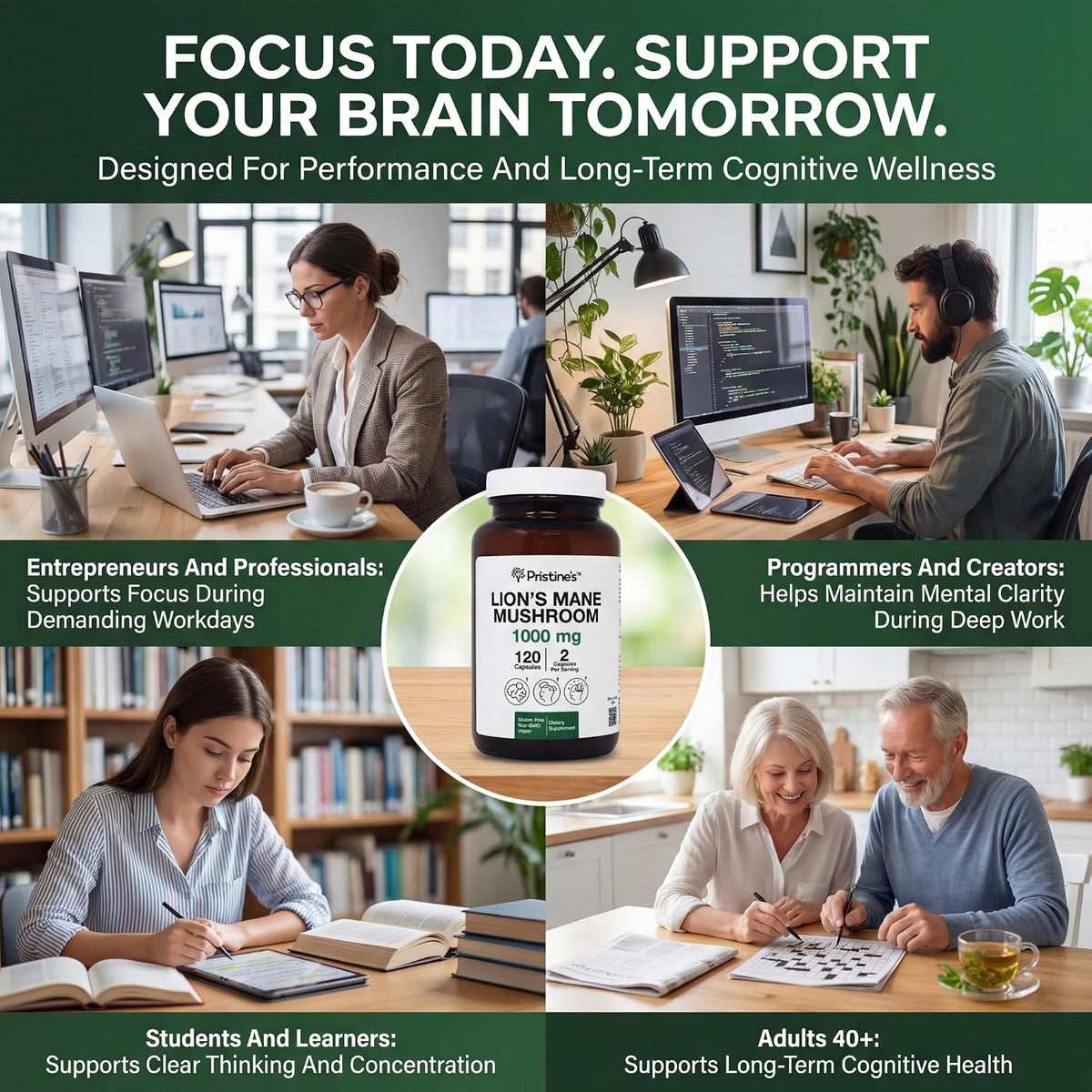 PRISTINE'S Lion's Mane 1000mg Mushroom Capsules, Fruiting Body, Vegan | Focus, memory and brain health support from lion's mane fruiting body. 60 day supply, vegan, non-GMO, gluten-free