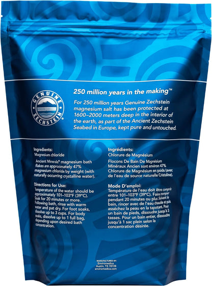 Ancient Minerals Magnesium Bath Flakes, Epsom Salt Alternative, 8lb | Pure Zechstein magnesium chloride flakes for soaking & whole-body replenishment. 8 lb resealable bag.