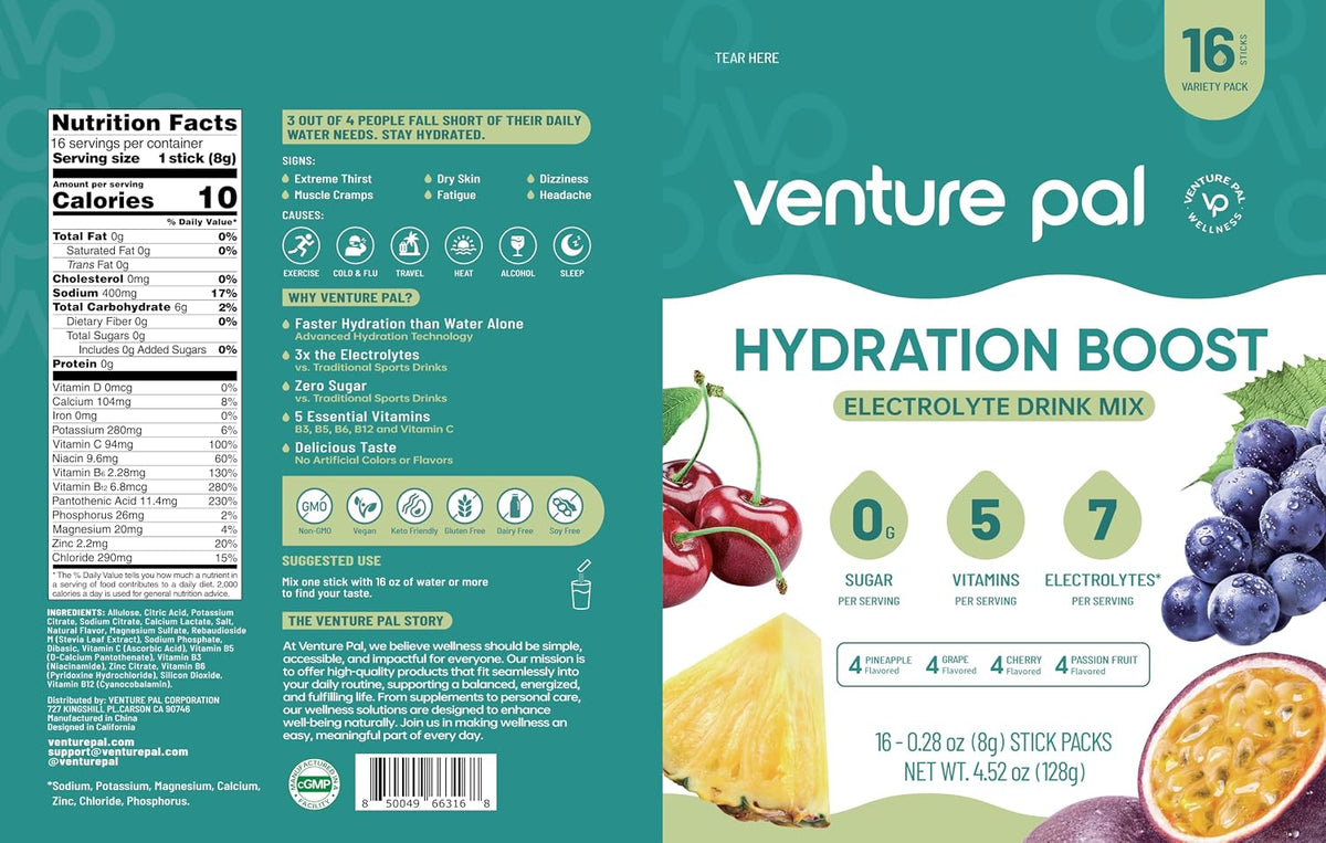 Venture Pal Sugar Free Electrolyte Packet, Liquid Daily IV Hydration Powder | 5 Vitamins & 7 Electrolytes, Instantly Hydration Packets for Sports & Party Recovery, Vegan, Keto Friendly, 16 Sticks