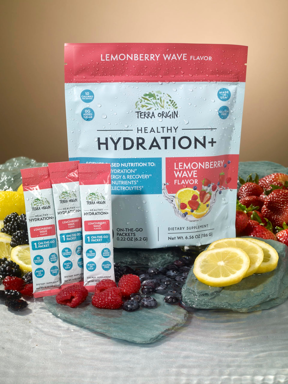 TERRA ORIGIN Healthy Hydration+ Electrolyte Powder Packets | Sugar Free, Gluten Free Drink Mix | Lemonade | 30 Servings (1-Pack)