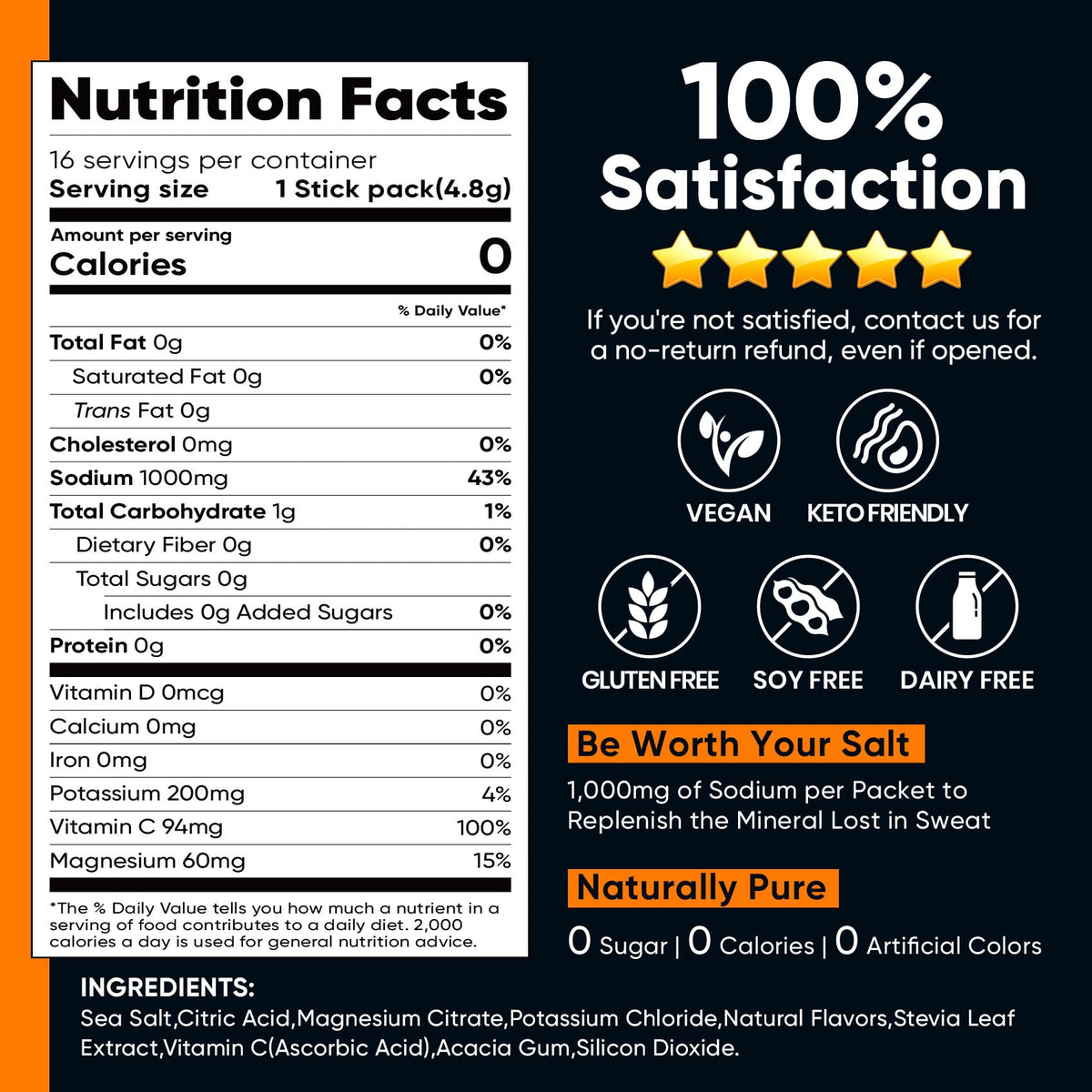 Venture Pal High Sodium Sugar-Free Electrolytes Powder Packets, 16 Sticks | Hydration Packets with Sodium, Potassium & Magnesium, Zero Calories, Keto, Vegan, and Paleo Friendly