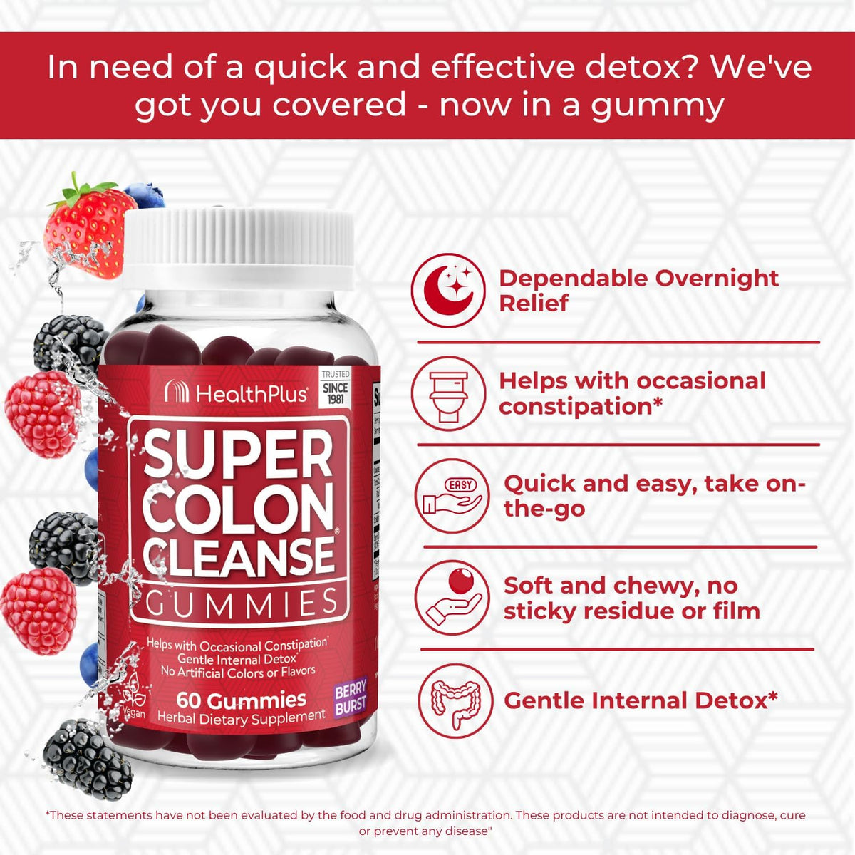 Health Plus Super Colon Cleanse Gummies, Mixed Berry, 60 Ct, 15 Servings | 15 day cleanse with natural senna leaf extract; may support occasional constipation relief and gentle cleansing